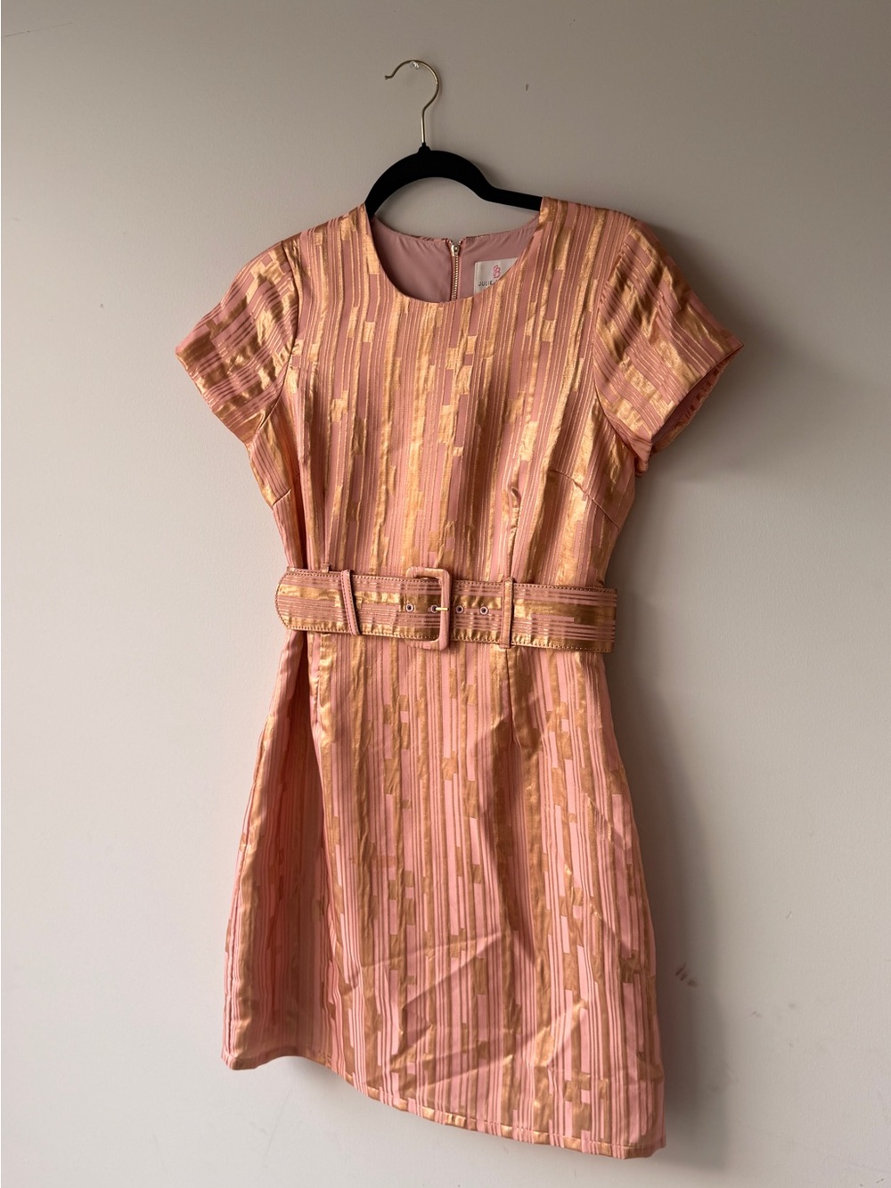 JB by Julie Brown Pink and Gold Metallic Belted Party Dress - Picture 2 of 6